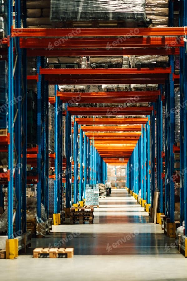 Industrial warehouse aisle with high storage racks and palletized goods