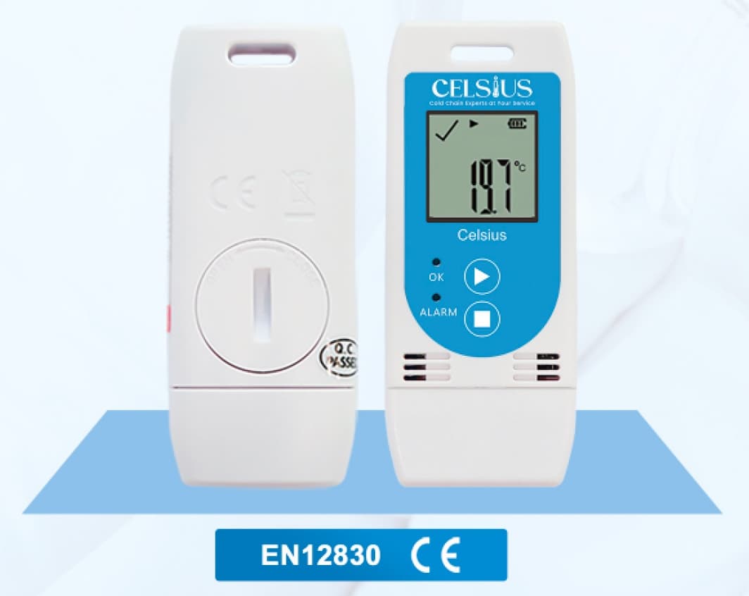 Front and back of the Celsius USB temperature and humidity data logger with a blue faceplate and LCD display