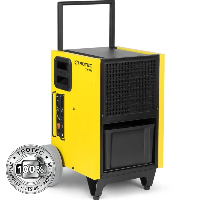 Yellow and black Trotec TTK 175 S dehumidifier with wheels and a handle