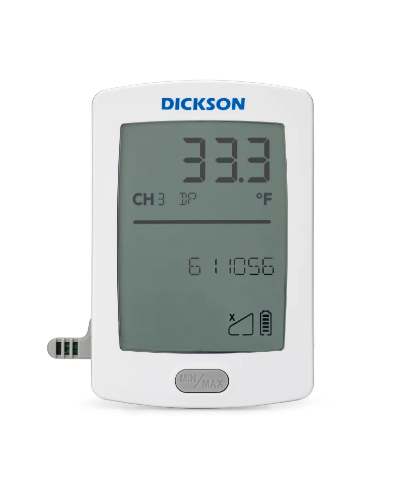White Dickson battery-operated RF data logger with an LCD display and a side-mounted sensor