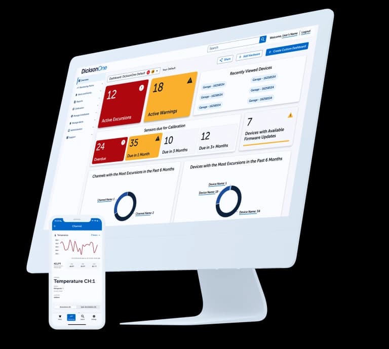 DicksonOne environmental monitoring dashboard displayed on a desktop monitor and phone