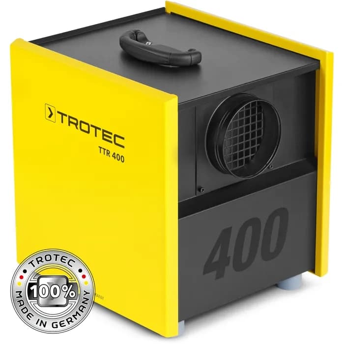 Yellow and black Trotec TTR 400 desiccant dehumidifier with a carrying handle