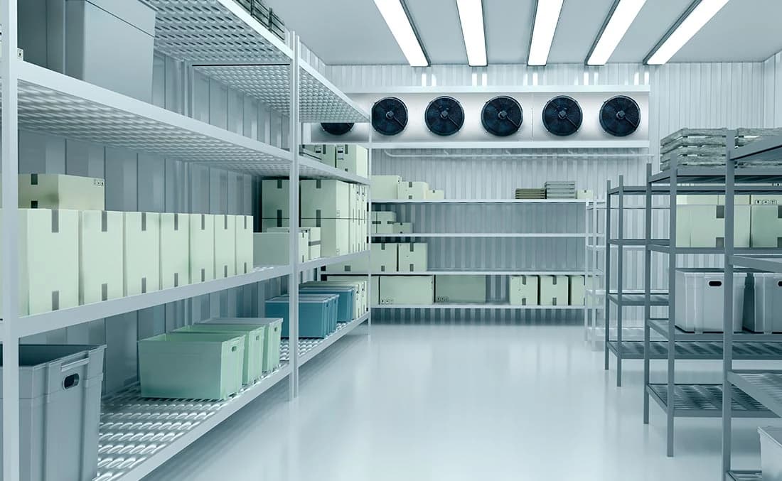 Insulated cold room with refrigeration equipment and storage shelving