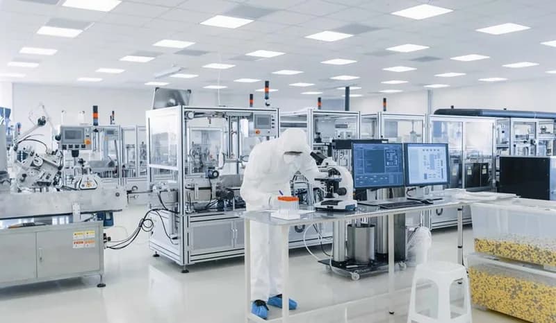 Technician in protective clothing working in a controlled manufacturing environment