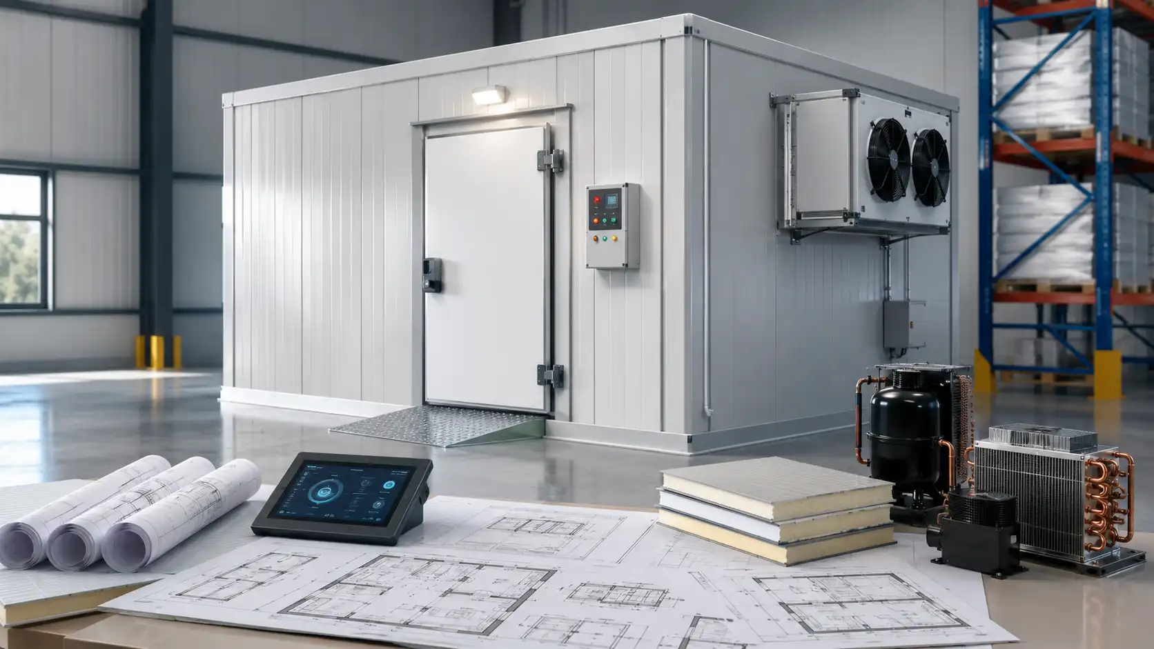 Modular cold room with an insulated door, refrigeration equipment, and design plans