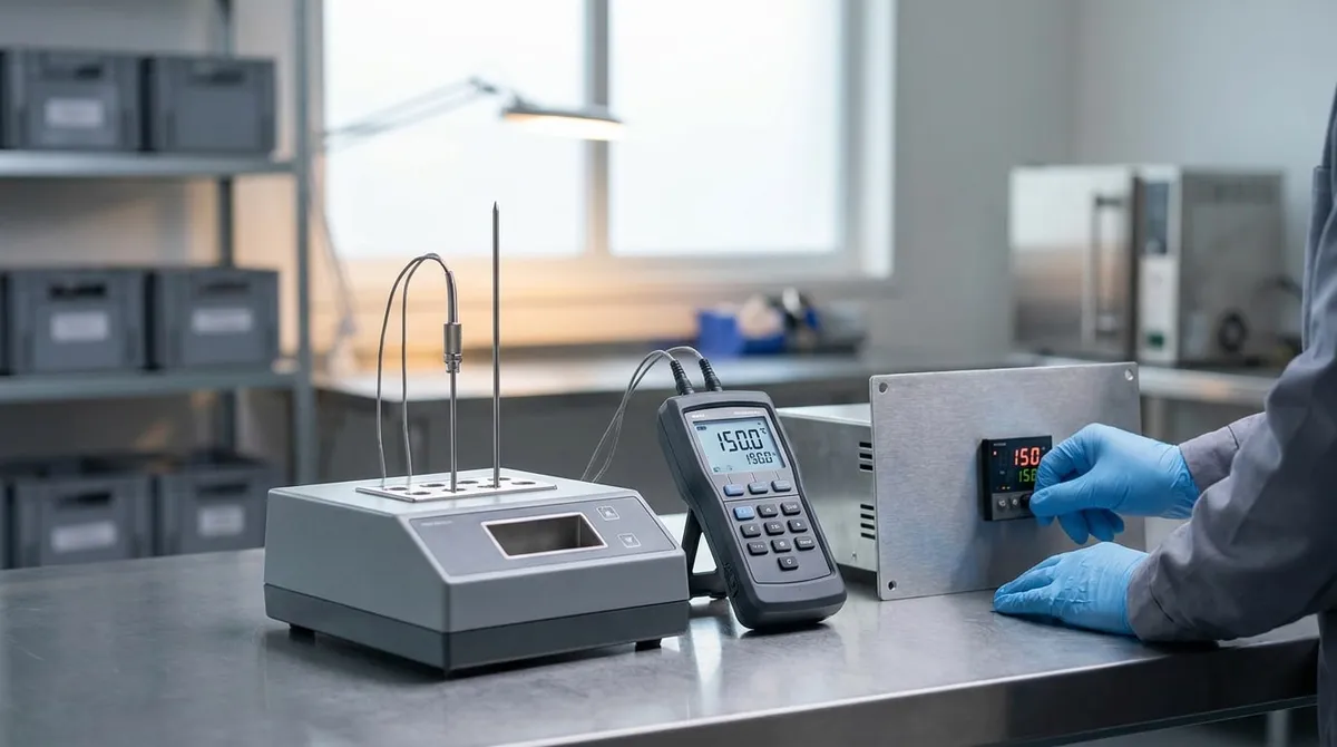 Temperature calibration equipment with reference probes and a technician adjusting a control panel